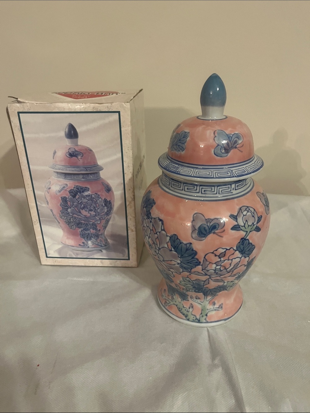 Porcelain Floral Ginger Jar with Pink and Blue Accents